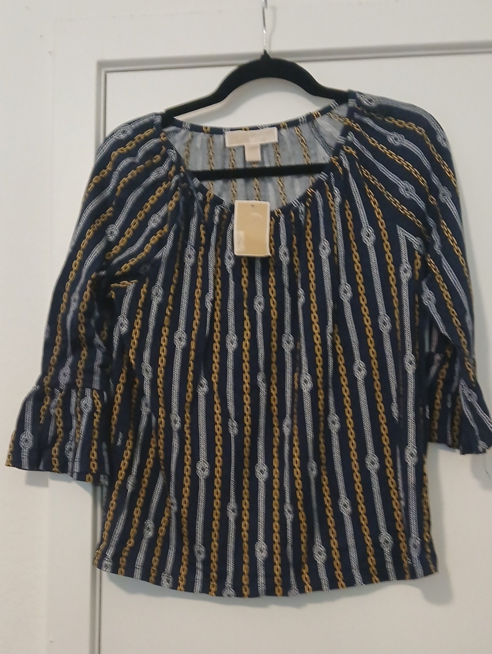 Michael Kors Navy and Gold Chain-Stripe Peasant Blouse